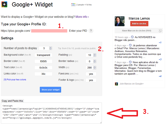 Página do Google+ Widget para Blogs