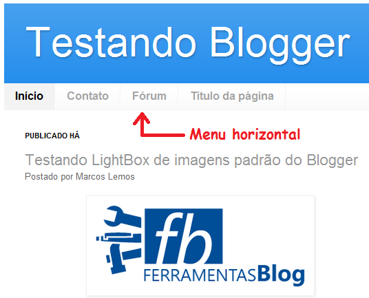 Exemplo de Menu horizontal padrão do Blogger