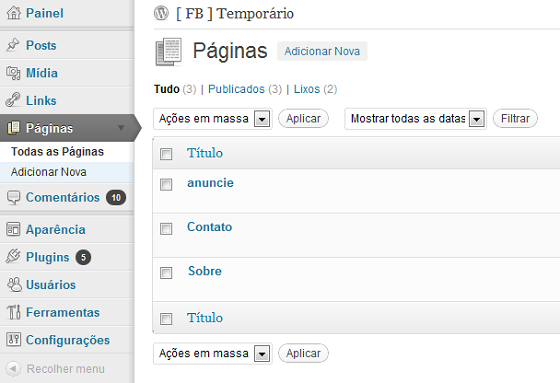 Menu para criar e administrar páginas estáticas no WordPress