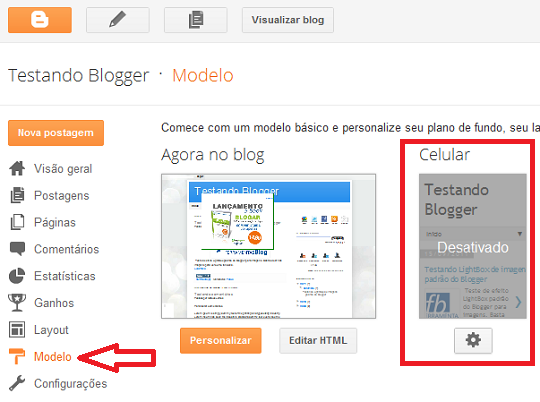 Menu para configurar o Modelo de layout para celular do Blogger