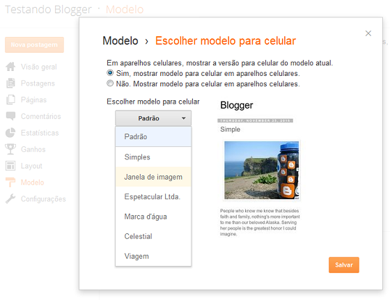 Escolher layout do modelo de celular no Blogger