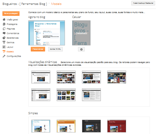 Menu Modelo do Blogger para alterar templates e layouts