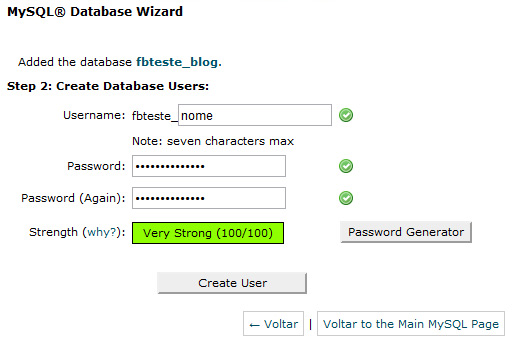 MySQL Database Wizard do cPanel - criando usuário para o banco de dados