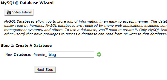 MySQL Database Wizard do cPanel - criando banco de dados