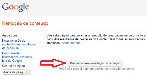 Tela para Solicitar remoção de conteúdo do Google