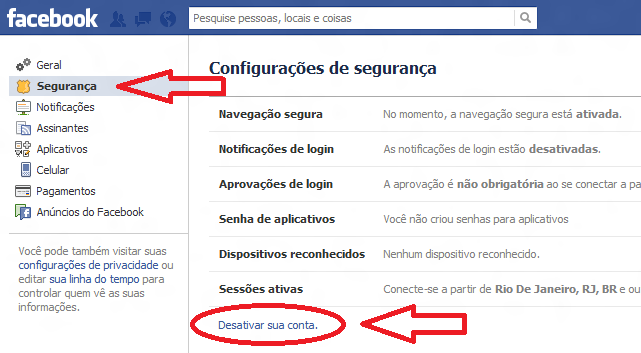 Desativar sua conta do Facebook