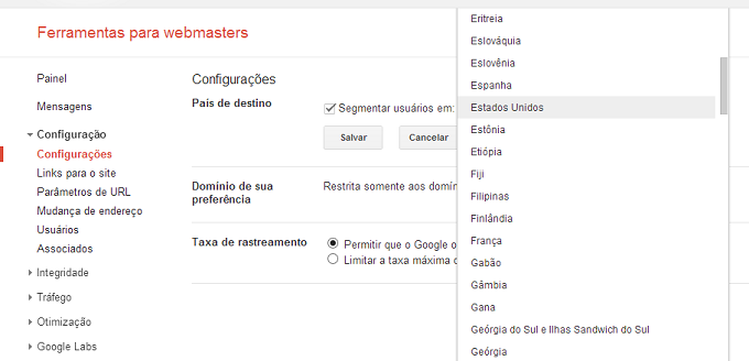Menu para segmentar país de Destino no Webmaster Tools