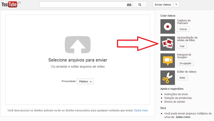 criar apresentação de fotos no Youtube