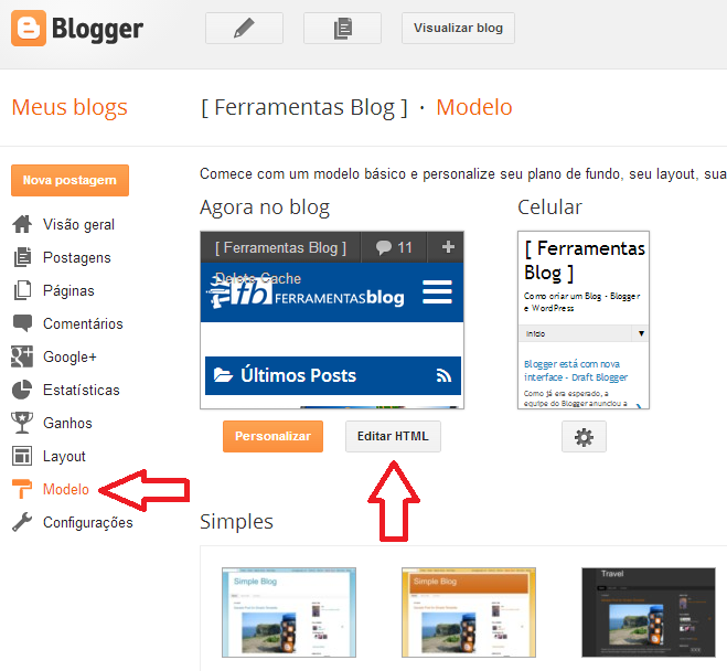 Botão Editar HTML do Blogger