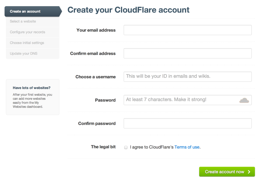Formulário de cadastro do CloudFlare