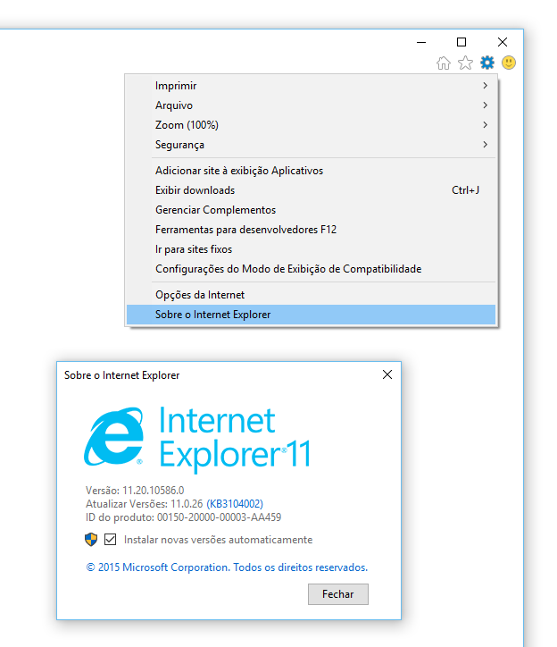 versão do Internet Explorer