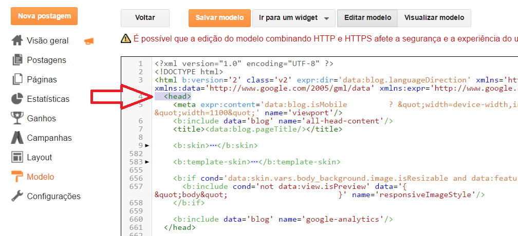 Linha de códigos HTML HEAD no Template do Blogger