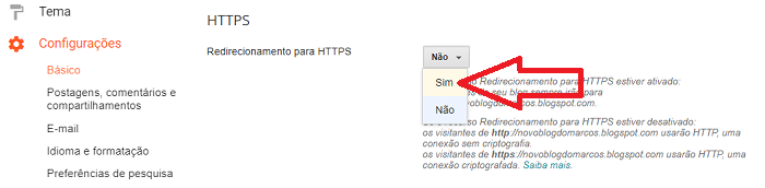 Escolha a opção SIM para ativar o redirecionamento para HTTPS no Blogger